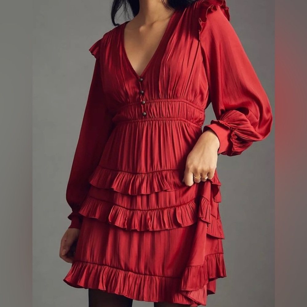 By Anthropologie Tiered Ruffled Red Mini Dress